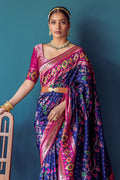 Navy Blue Paithani Silk Saree With Blouse Piece