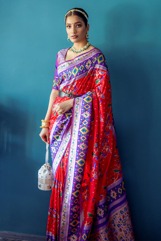 Red Paithani Silk Saree With Blouse Piece
