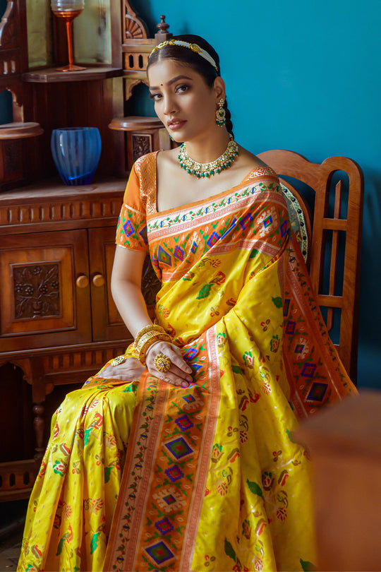 Yellow Paithani Silk Saree With Blouse Piece