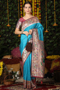 Turquoise Blue Paithani Silk Saree With Blouse Piece