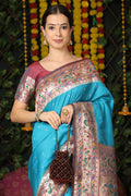 Turquoise Blue Paithani Silk Saree With Blouse Piece