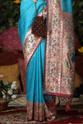 Turquoise Blue Paithani Silk Saree With Blouse Piece