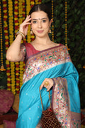 Turquoise Blue Paithani Silk Saree With Blouse Piece