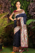 Navy Blue Paithani Silk Saree With Blouse Piece