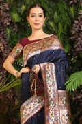 Navy Blue Paithani Silk Saree With Blouse Piece