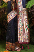 Navy Blue Paithani Silk Saree With Blouse Piece