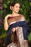 Navy Blue Paithani Silk Saree With Blouse Piece