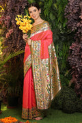 Coral Paithani Silk Saree With Blouse Piece