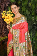 Coral Paithani Silk Saree With Blouse Piece