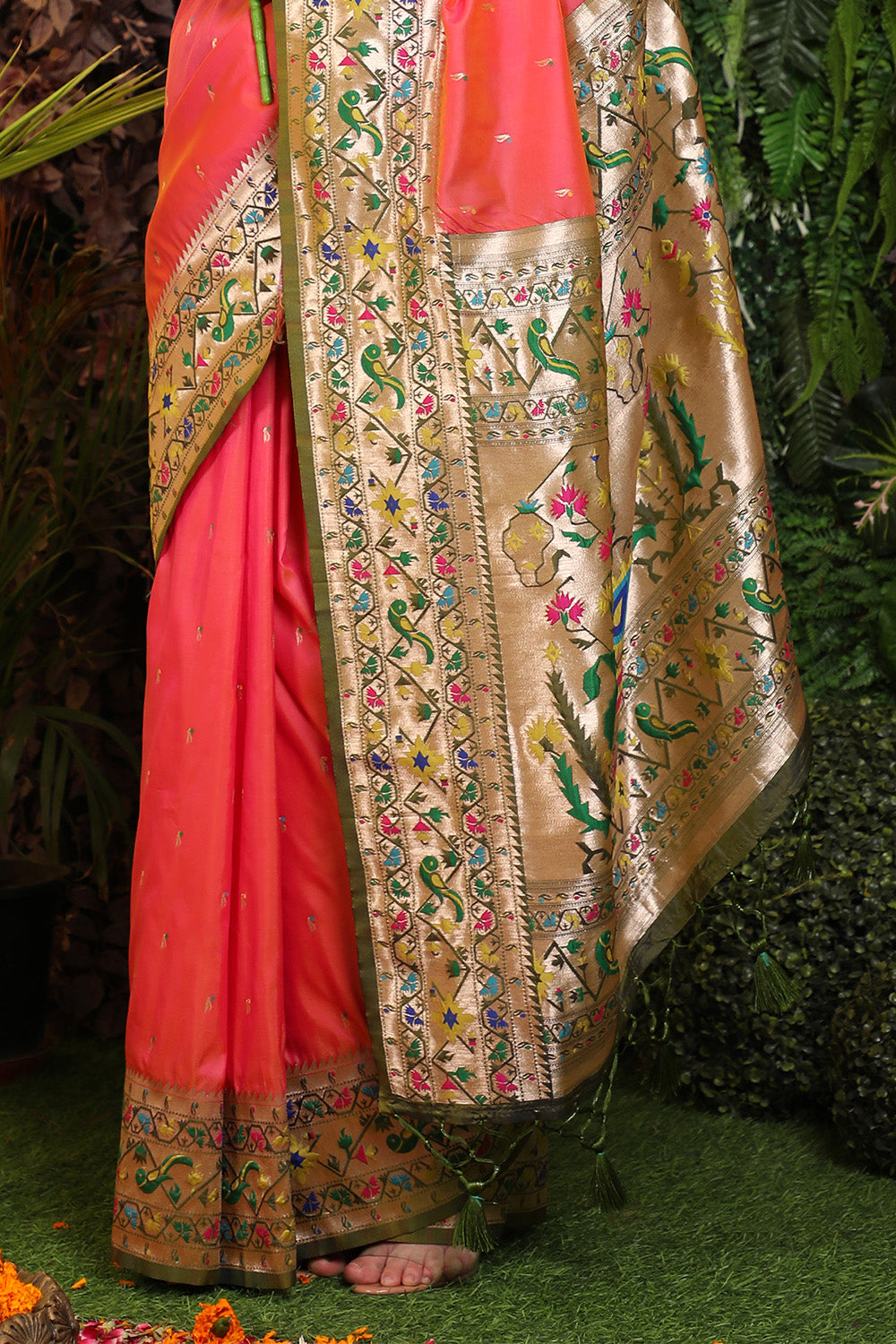 Coral Paithani Silk Saree With Blouse Piece