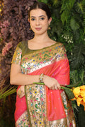 Coral Paithani Silk Saree With Blouse Piece