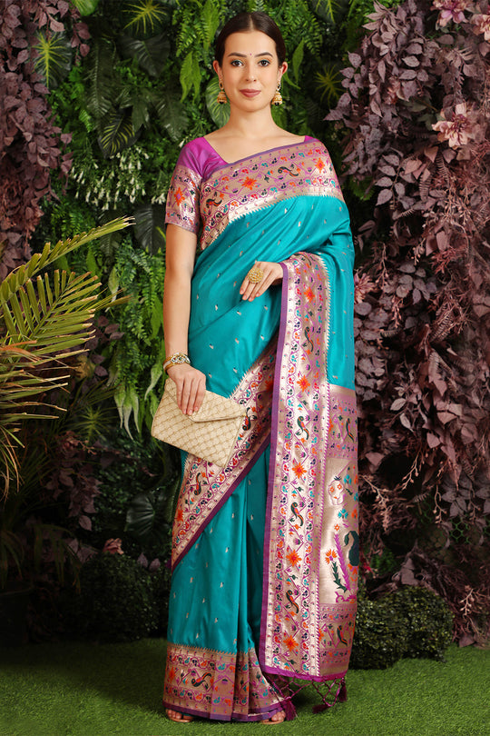 Turquoise Blue Paithani Silk Saree With Blouse Piece