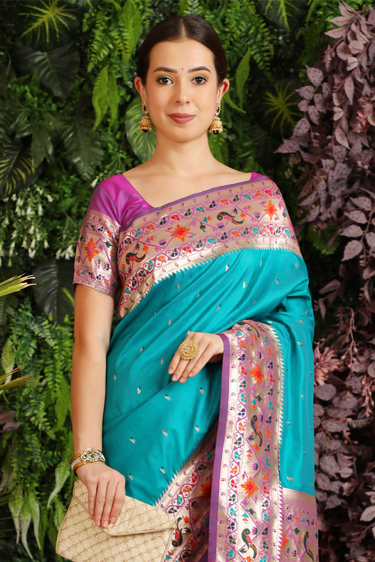 Turquoise Blue Paithani Silk Saree With Blouse Piece