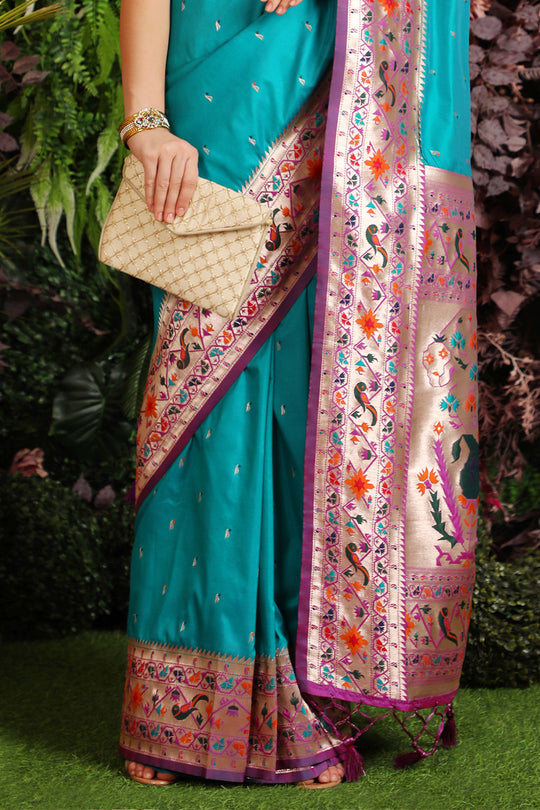 Turquoise Blue Paithani Silk Saree With Blouse Piece