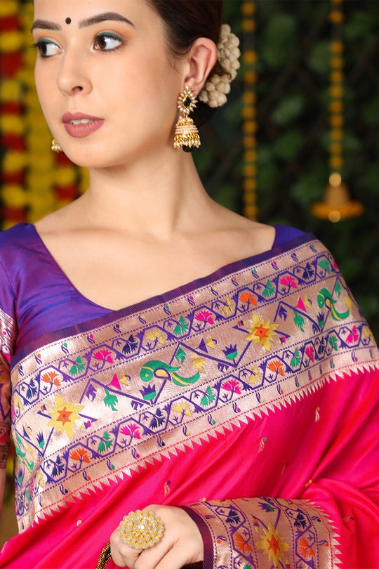 Pink Paithani Silk Saree With Blouse Piece