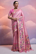 Pink Paithani Silk Blend Saree With Blouse Piece