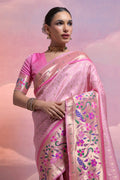 Pink Paithani Silk Blend Saree With Blouse Piece