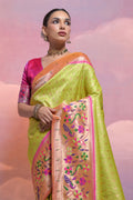 Green Paithani Silk Blend Saree With Blouse Piece