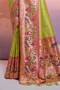 Green Paithani Silk Blend Saree With Blouse Piece