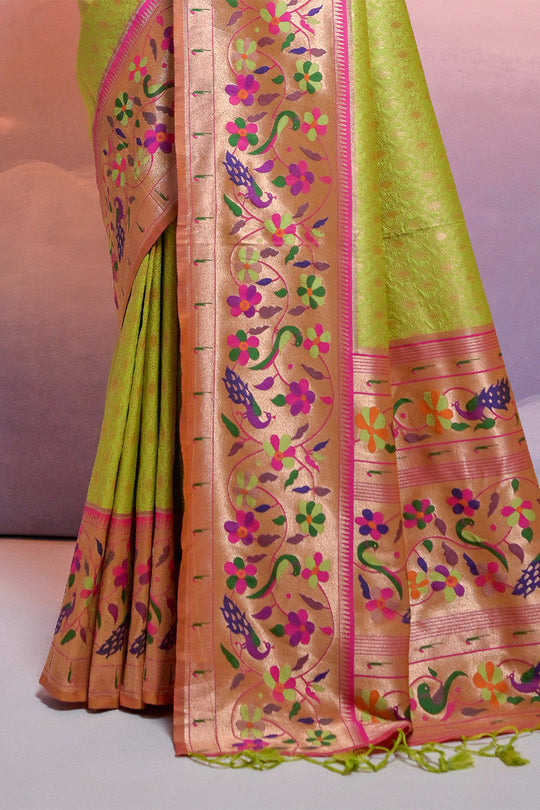 Green Paithani Silk Blend Saree With Blouse Piece