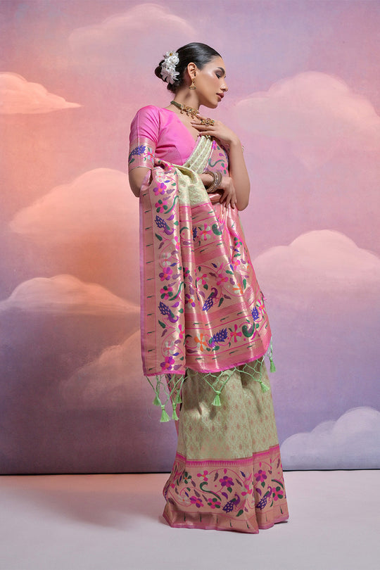 Green Paithani Silk Blend Saree With Blouse Piece