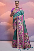 Teal Paithani Silk Blend Saree With Blouse Piece