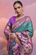 Teal Paithani Silk Blend Saree With Blouse Piece