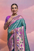 Teal Paithani Silk Blend Saree With Blouse Piece