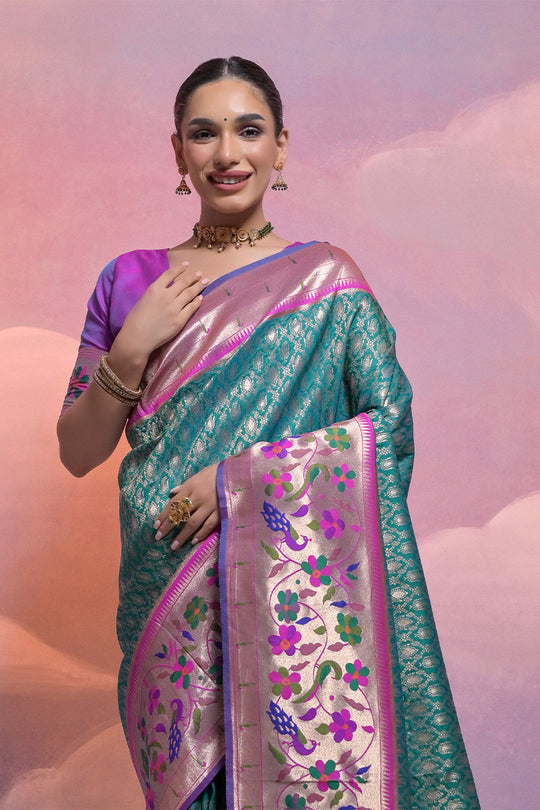 Teal Paithani Silk Blend Saree With Blouse Piece