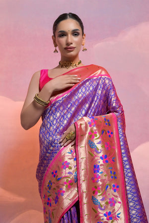 Blue Paithani Silk Blend Saree With Blouse Piece