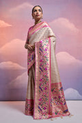White Paithani Silk Blend Saree With Blouse Piece