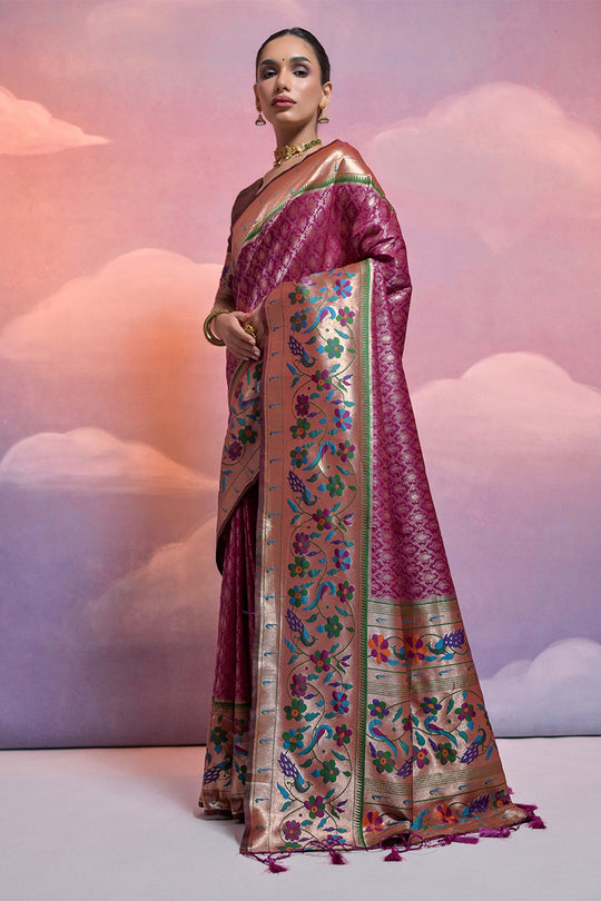 Maroon Paithani Silk Blend Saree With Blouse Piece