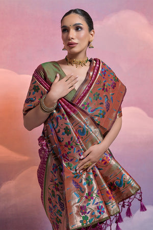 Maroon Paithani Silk Blend Saree With Blouse Piece
