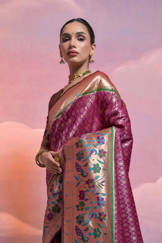 Maroon Paithani Silk Blend Saree With Blouse Piece