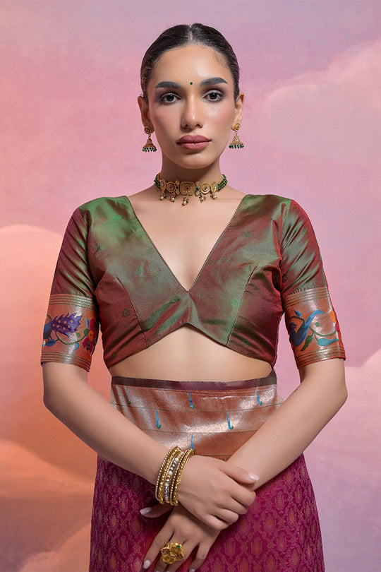Maroon Paithani Silk Blend Saree With Blouse Piece