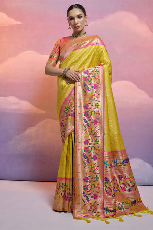 Yellow Paithani Silk Blend Saree With Blouse Piece