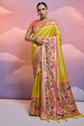 Yellow Paithani Silk Blend Saree With Blouse Piece