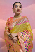 Yellow Paithani Silk Blend Saree With Blouse Piece