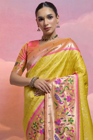 Yellow Paithani Silk Blend Saree With Blouse Piece