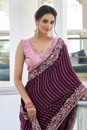 Karagiri Purple Apricot Saree With Blouse Piece