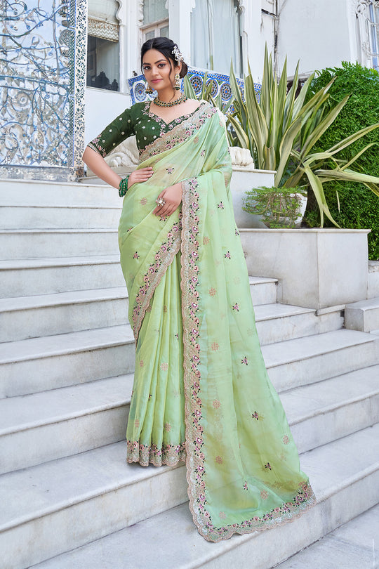 Karagiri Pista Green Pure Satin Saree With Blouse Piece