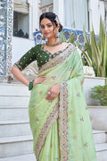 Karagiri Pista Green Pure Satin Saree With Blouse Piece