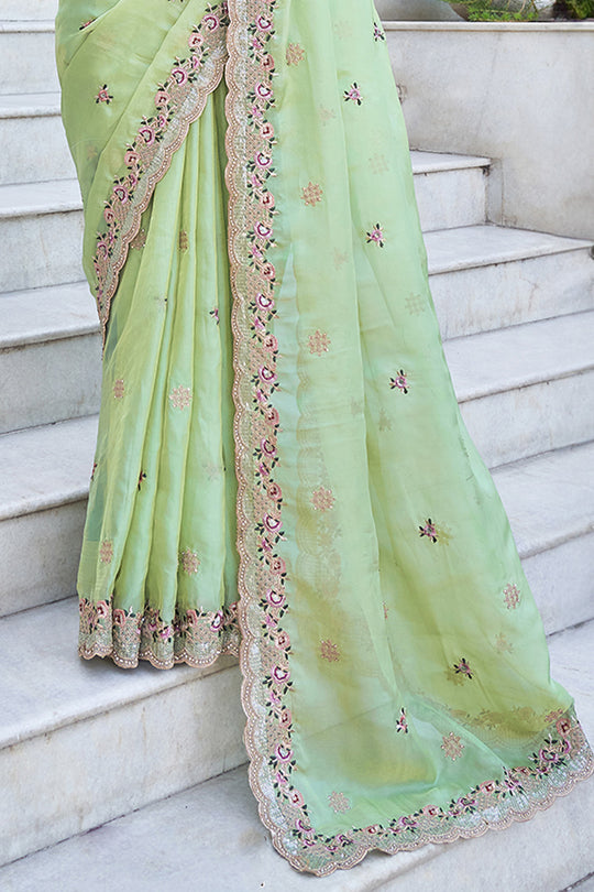 Karagiri Pista Green Pure Satin Saree With Blouse Piece