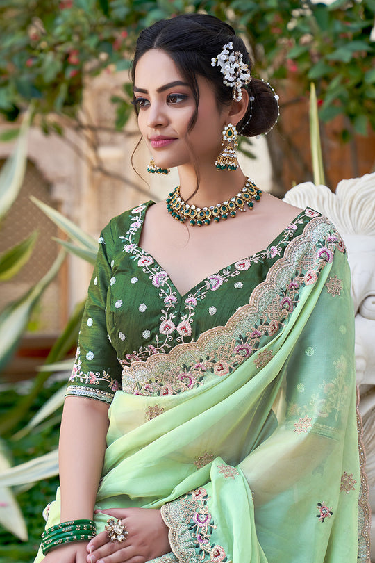 Karagiri Pista Green Pure Satin Saree With Blouse Piece