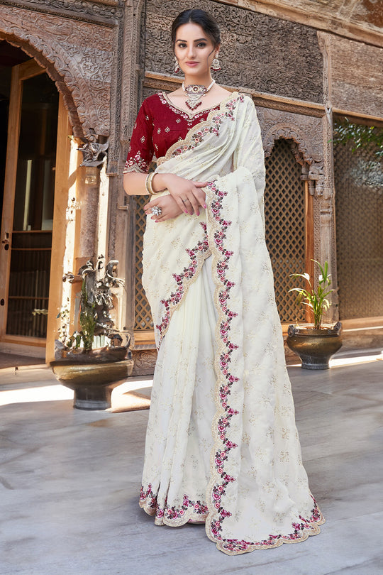 Karagiri Cream Pure Satin Saree With Blouse Piece
