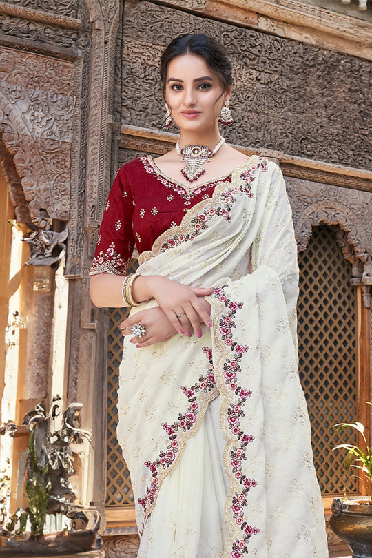 Karagiri Cream Pure Satin Saree With Blouse Piece