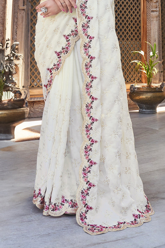 Karagiri Cream Pure Satin Saree With Blouse Piece