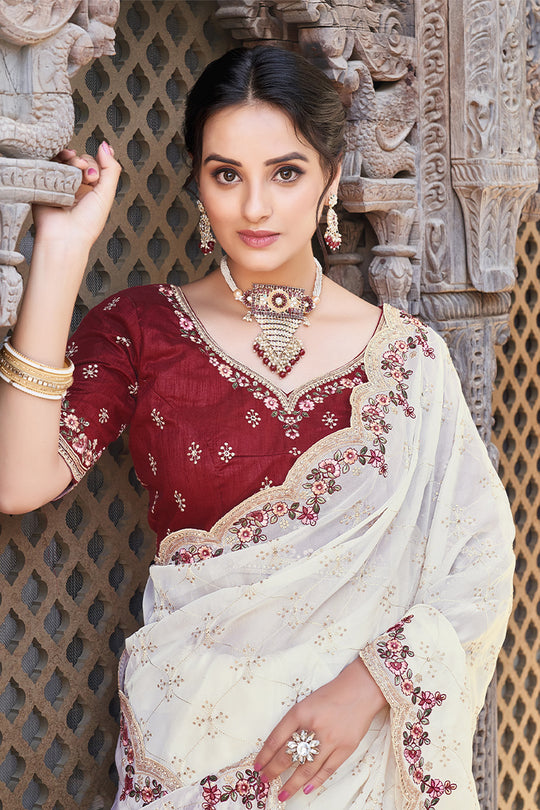 Karagiri Cream Pure Satin Saree With Blouse Piece