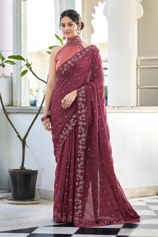 Karagiri Maroon Crepe Saree With Blouse Piece