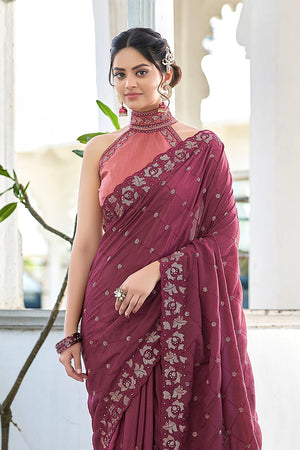 Karagiri Maroon Crepe Saree With Blouse Piece